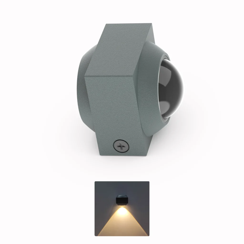 Belatrix BTO 020 outdoor wall light in grey aluminium body with warm white downward beam effect