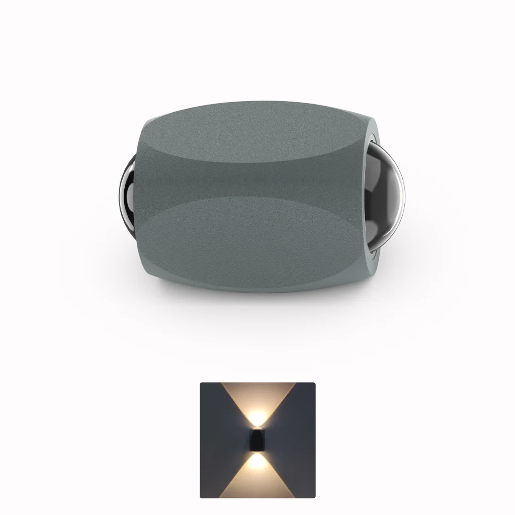 Belatrix BTO 024 outdoor wall light in grey aluminium body with warm white up and down beam effect