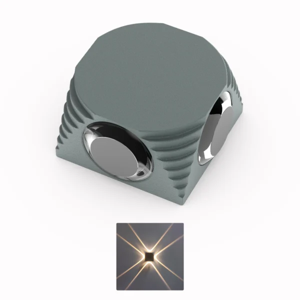 Belatrix BTO 026 outdoor wall light in grey aluminium body with decorative warm white wall lighting effect