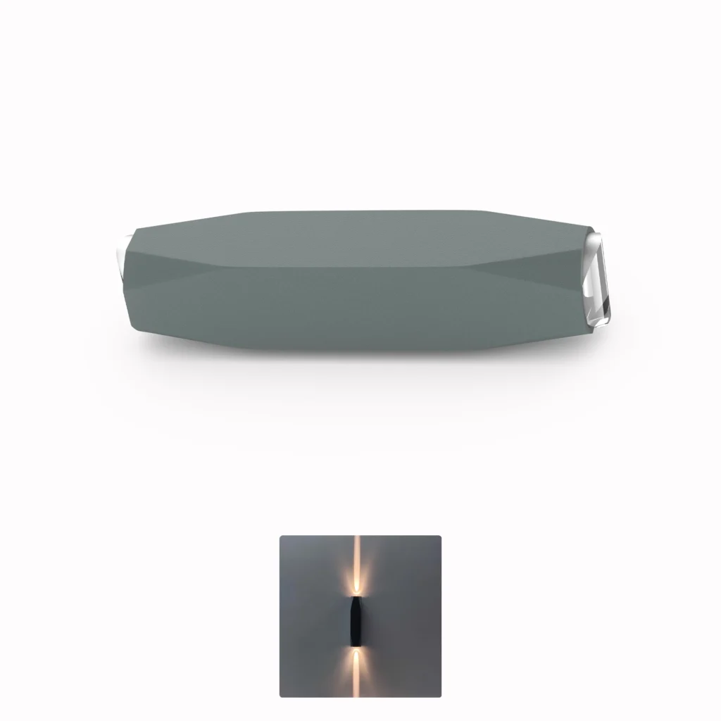 Belatrix BTO 03 outdoor wall light in grey aluminium body with warm white vertical up and down beam effect