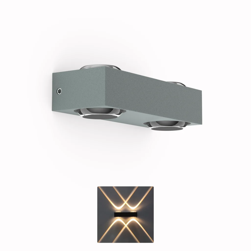 Belatrix BTO 2033 outdoor wall light in grey aluminium body with warm white dual up and down beam effect