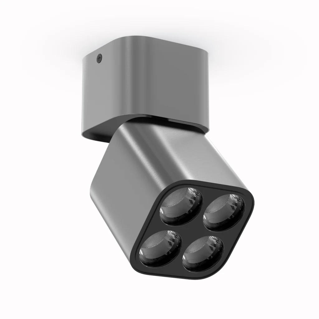 Belatrix Claro cylinder light in grey finish with four lens design for premium interior lighting Title